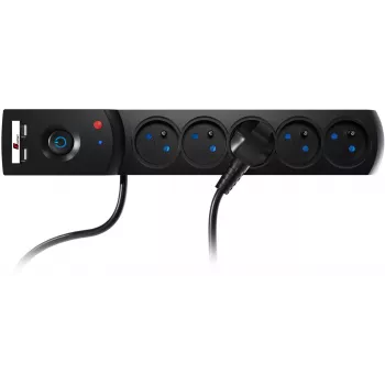 GETFORT 5P-3M-B-USB Überspannungsschutz Steckdosenleiste, 5 AC Steckdosen, 2 USB-A Anschlüsse, 3m Kabel, Schwarz