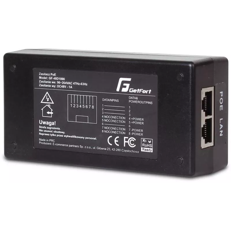 GETFORT GF-48D1000 48W Passiver PoE-Injektor-Adapter, 100-240V AC auf 48V DC, 10/100 Mbps, 2x RJ45, IEEE 802.3af/at-kompatibel