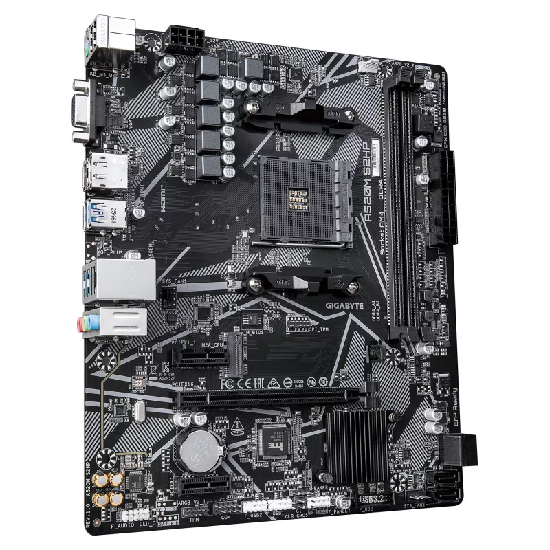 GIGABYTE A520M S2HP AM4 Micro-ATX Mainboard, DDR4, HDMI, D-Sub, DisplayPort, M.2, Gigabit LAN