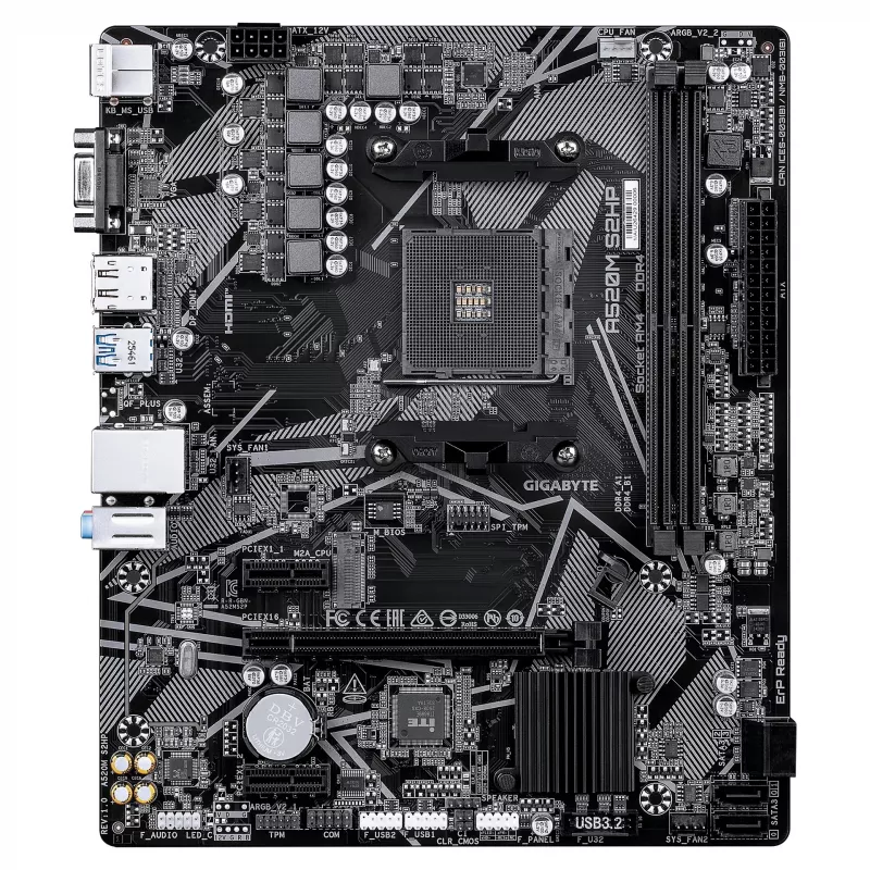 GIGABYTE A520M S2HP AM4 Micro-ATX Mainboard, DDR4, HDMI, D-Sub, DisplayPort, M.2, Gigabit LAN