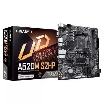 GIGABYTE A520M S2HP AM4 Micro-ATX Mainboard, DDR4, HDMI, D-Sub, DisplayPort, M.2, Gigabit LAN