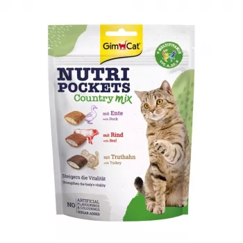 GimCat Nutri Pockets Country Mix Katzenleckerli 150g – Knusprige Pockets mit Geflügel, Rind & Lamm, angereichert mit Taurin & Vitaminen