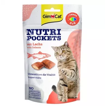 GimCat Nutri Pockets mit Lachs 60g – Knusprige Katzenleckerli mit cremiger Lachsfüllung