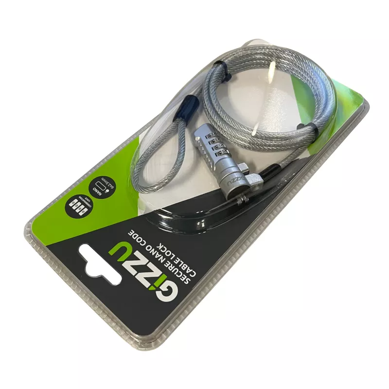 GIZZU 1,8 m Nano Kombinationsschloss-Sicherheitskabel - 4-stellig verstellbar, geflochtener Stahl, für Kensington-Nano-Slot-Geräte (Schwarz/Silber)