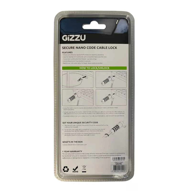 GIZZU 1,8 m Nano Kombinationsschloss-Sicherheitskabel - 4-stellig verstellbar, geflochtener Stahl, für Kensington-Nano-Slot-Geräte (Schwarz/Silber)