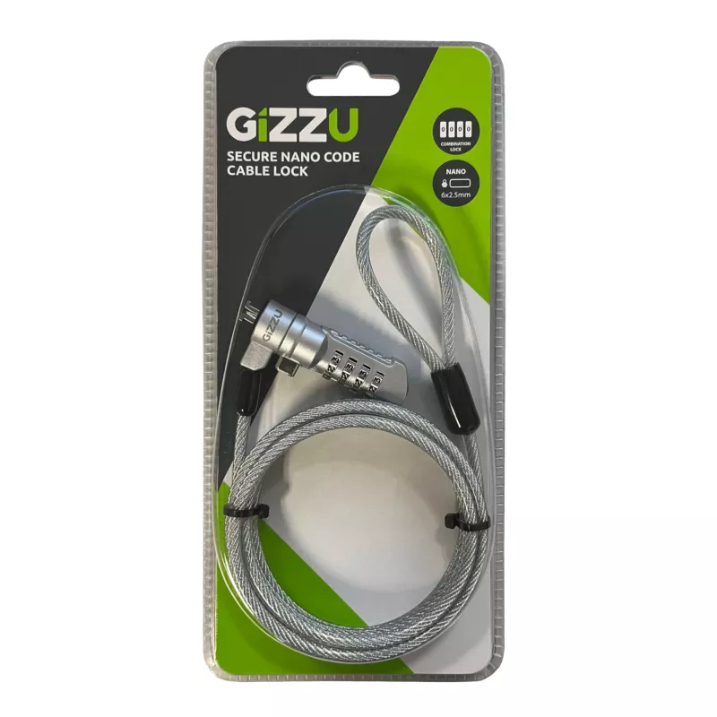 GIZZU 1,8 m Nano Kombinationsschloss-Sicherheitskabel - 4-stellig verstellbar, geflochtener Stahl, für Kensington-Nano-Slot-Geräte (Schwarz/Silber)