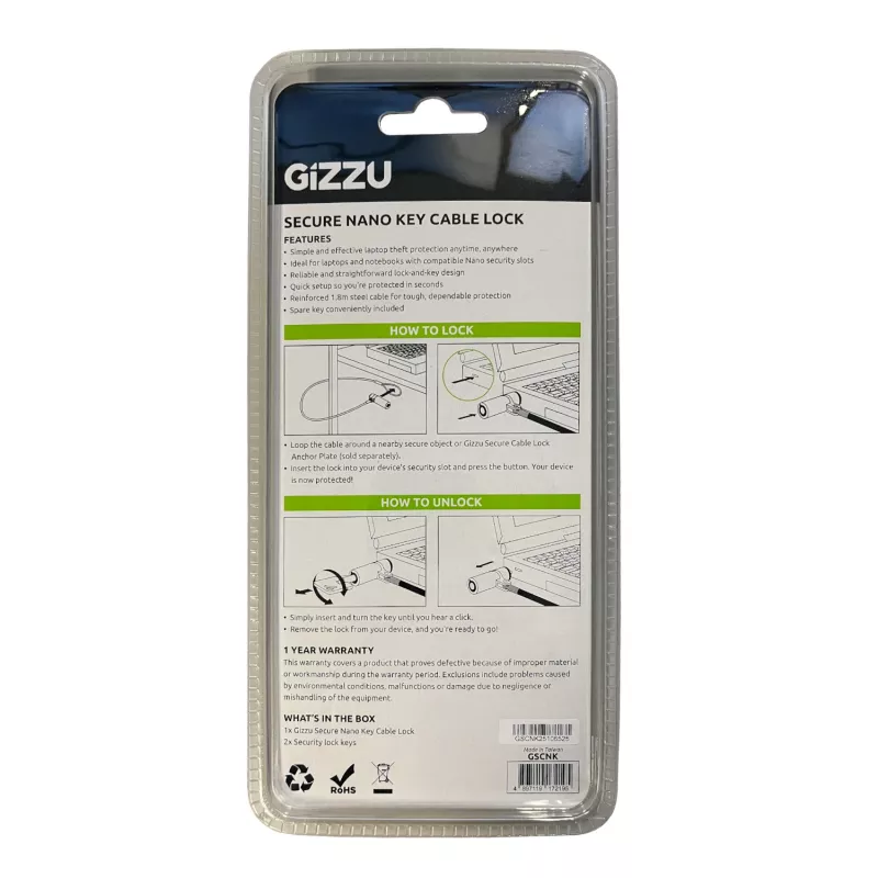 GIZZU 1,8 m Nano Key Lock Sicherheitskabel mit Schlüssel - Schwarz