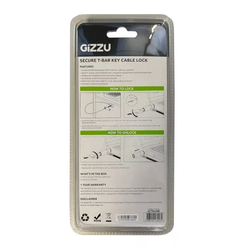 GIZZU 1,8 m T-Bar Laptop-Kabelschloss mit Master-Key-Kompatibilität - Schlüssel-Kabelsicherung für Kensington-Slot, geflochtener Stahl, Schwarz