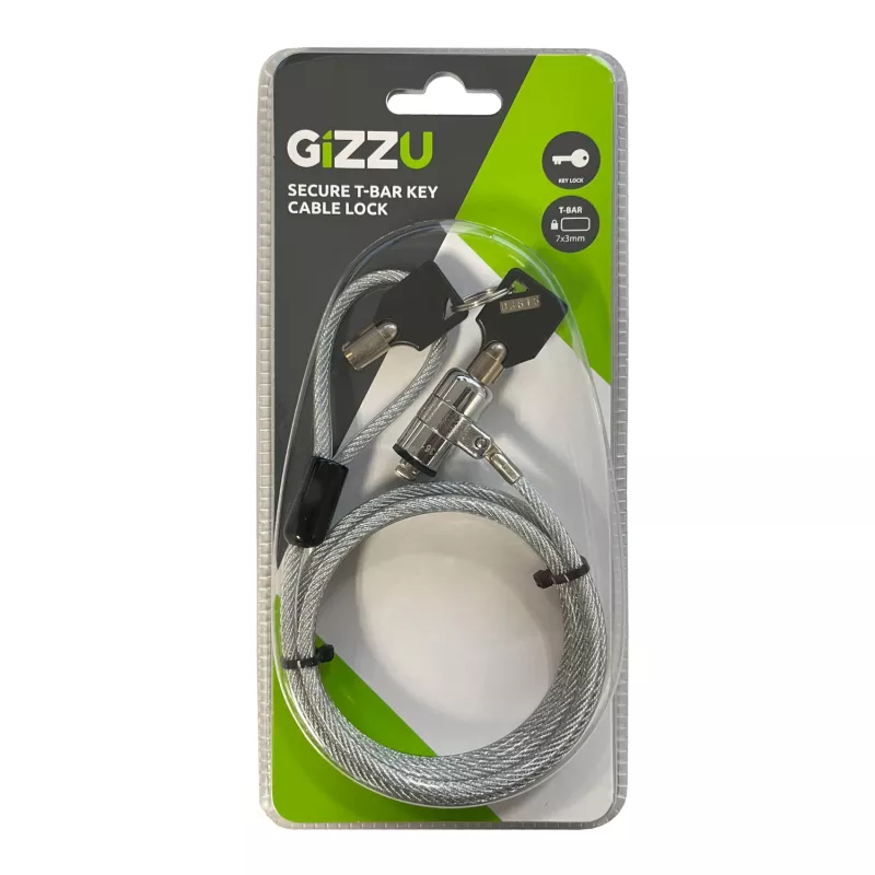 GIZZU 1,8 m T-Bar Laptop-Kabelschloss mit Master-Key-Kompatibilität - Schlüssel-Kabelsicherung für Kensington-Slot, geflochtener Stahl, Schwarz