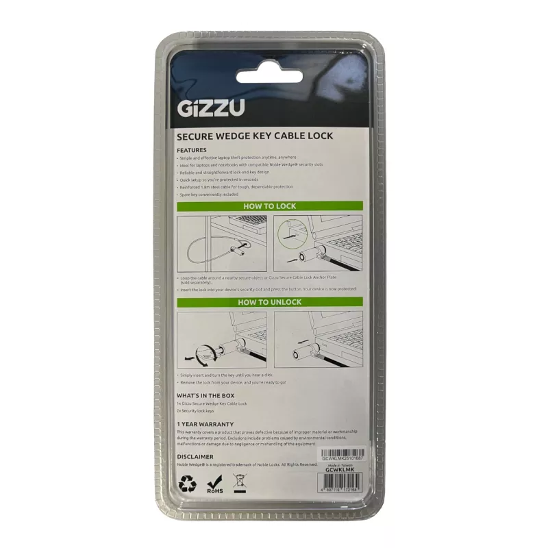 GIZZU 1,8 m Keil-Kabelschloss mit 2 Schlüsseln für Geräte mit Noble-Wedge-Slot - Schwarz