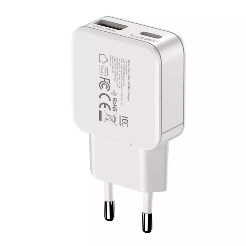 Gizzu 2-Port 20W GaN-Wandladegerät USB-C PD 3.0 + USB-A QC 3.0 Schnellladeadapter - Weiß