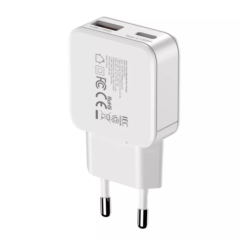 Gizzu 2-Port 30W GaN Wandladegerät USB-C PD + USB-A QC Weiß