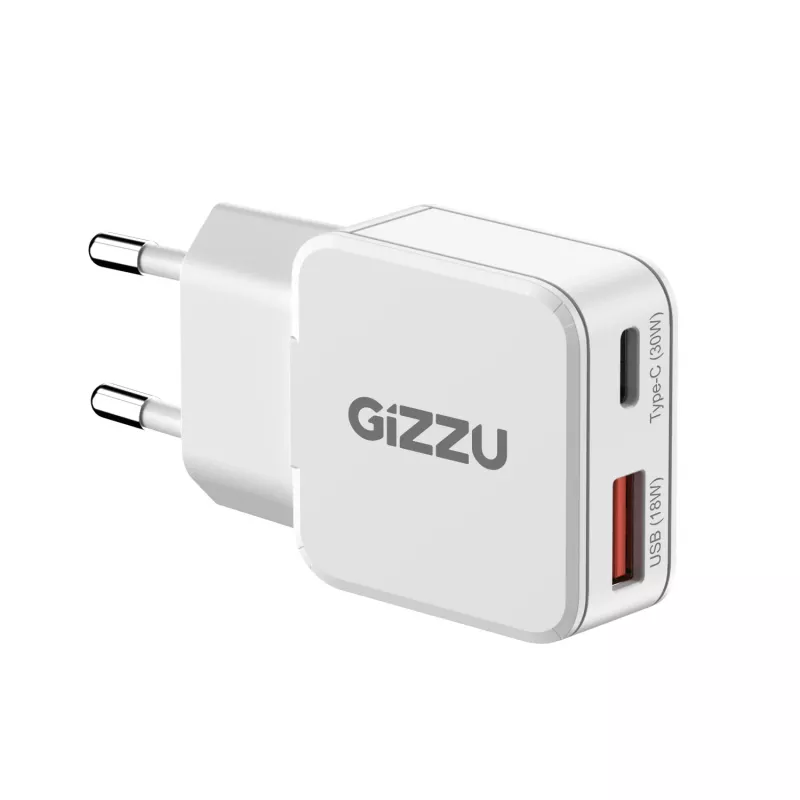 Gizzu 2-Port 30W GaN Wandladegerät USB-C PD + USB-A QC Weiß