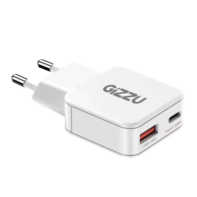Gizzu 2-Port 30W GaN Wandladegerät USB-C PD + USB-A QC Weiß