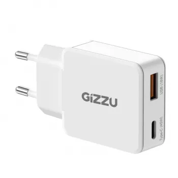 Gizzu 2-Port 45W GaN Wandladegerät USB-C PD & USB-A QC Weiß
