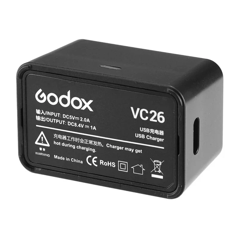 Godox VC26 USB-C-Ladegerät für V1- und V860III-Blitzakkus – 5V/2A-Eingang, 8,4V/1A-Ausgang, LED-Anzeige, inkl. USB-A-auf-USB-C-Kabel