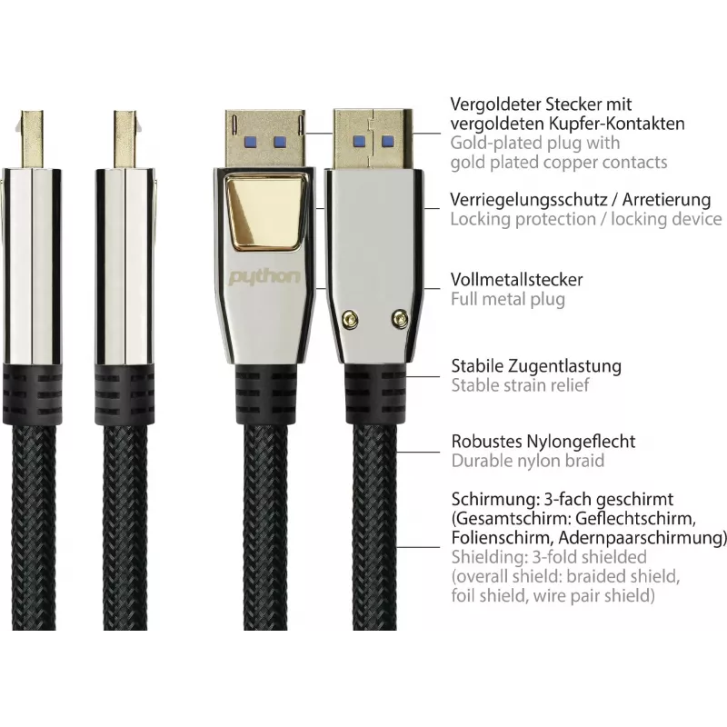 GoodConnections PREMIUM DisplayPort 2.0 Kabel, 54 Gbit/s, UHBR 13.5, 4K @240Hz / 8K @60Hz, Vollmetall-Stecker, Kupfer (DP20-PY020)