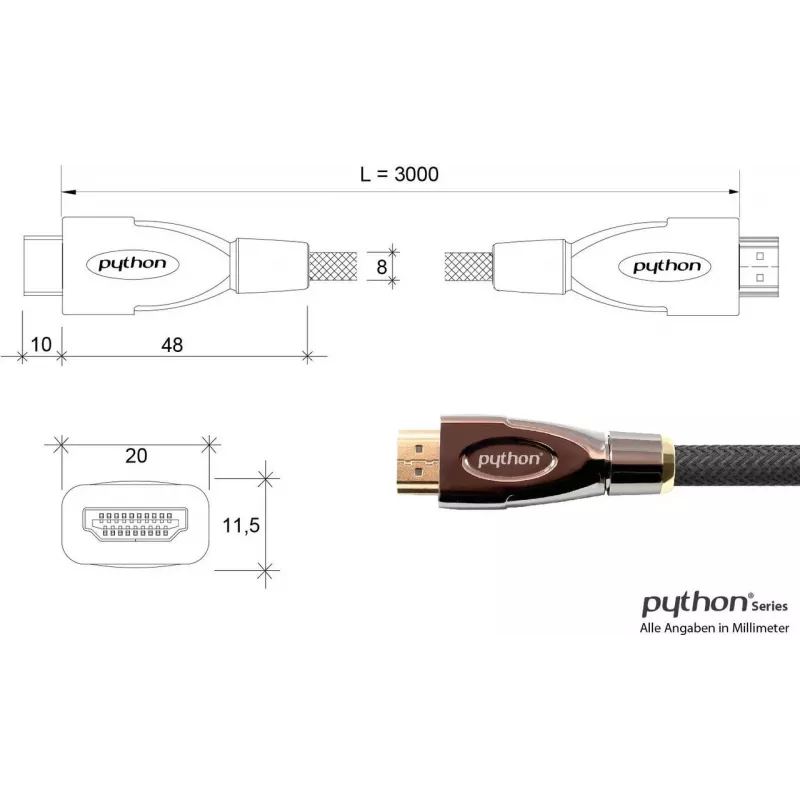 GoodConnections PYTHON Series High-Speed HDMI-Kabel mit Ethernet, 4K UHD 60Hz, 18Gbps, vergoldet, Nylongeflecht, 3m, Schwarz (GC-M0018)