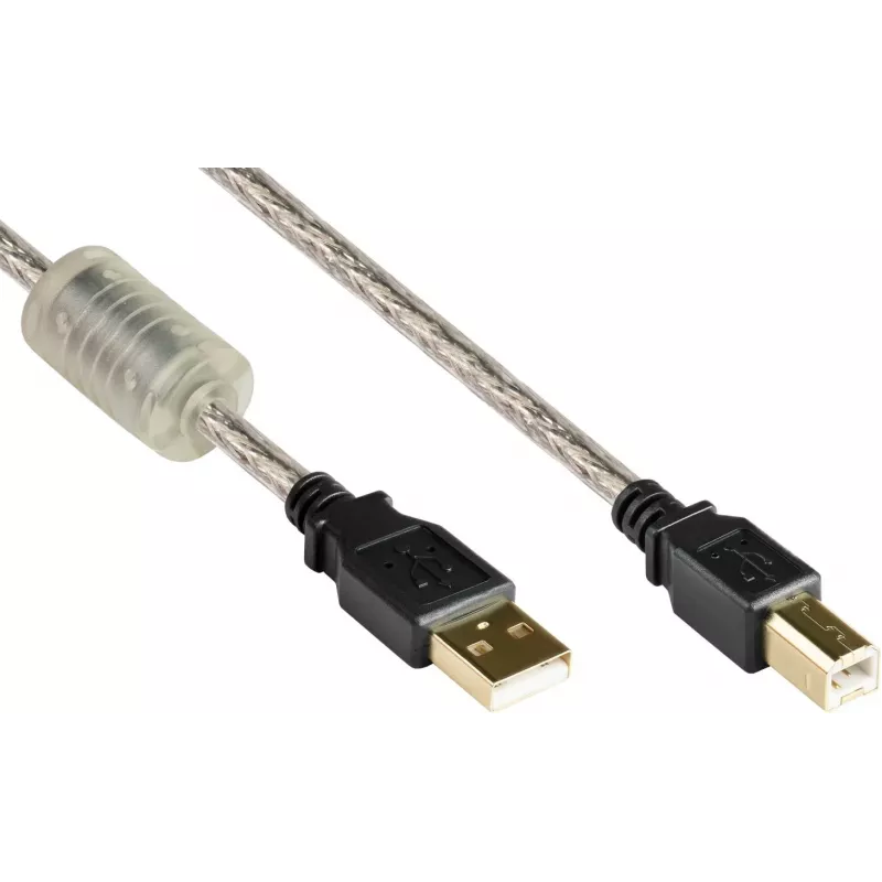 Good Connections USB 2.0 Hochwertiges Kabel mit Ferritkern und Goldkontakten, Transparent, 5m