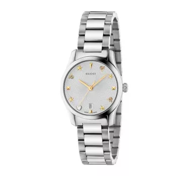 Gucci G-Timeless Damenuhr YA126572A 27mm Edelstahl Silbernes Zifferblatt mit Diamant-Indizes Schweizer Quarz