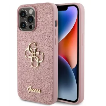 GUESS Apple iPhone 15 Pro Max Fixed Glitter 4G Metal Logo Hülle Pink