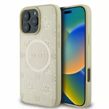 GUESS Apple iPhone 16 Pro Max Saffiano Peony Stamp MagSafe Hülle Gold