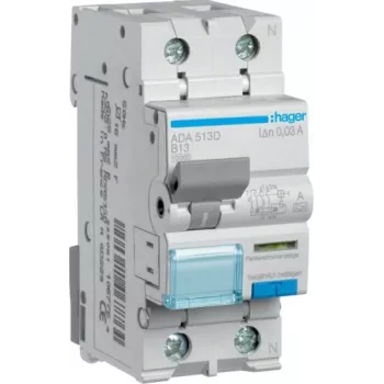 HAGER ADA513D RCBO 1P+N 13A B-Charakteristik 30mA Typ A 10kA