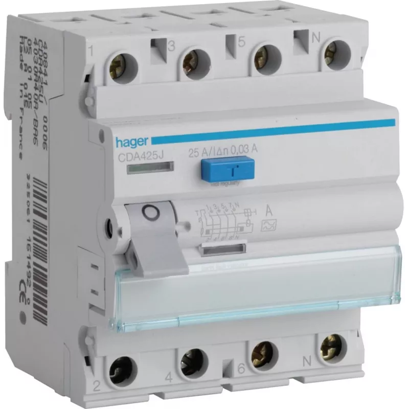 HAGER CDA425J 25A 4P 30mA Typ A RCCB Fehlerstromschutzschalter 6kA