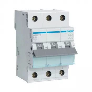 Hager MBN316 3-poliger 16A B-Charakteristik 6kA Leitungsschutzschalter, 3 Module breit