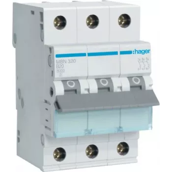 Hager MBN320 3-poliger 20 A B-Charakteristik Leitungsschutzschalter, 6 kA, 3 Module