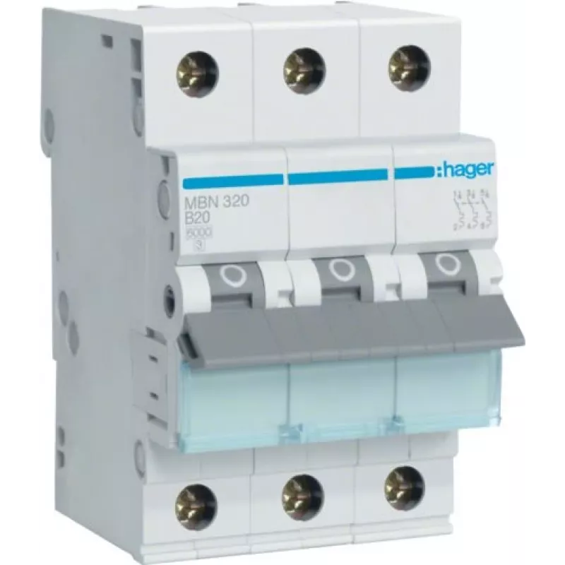 Hager MBN320 3-poliger 20 A B-Charakteristik Leitungsschutzschalter, 6 kA, 3 Module