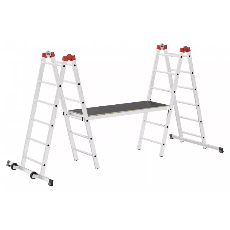 HAILO G60 Aluminium-Gerüst, 2x12 Sprossen, max. Arbeitshöhe 7,0 m, Silber/Rot