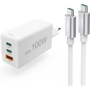 Hama USB-C Schnellladegerät mit USB-C Kabel, 100W Power Delivery, 1,5m, Weiß 00200027