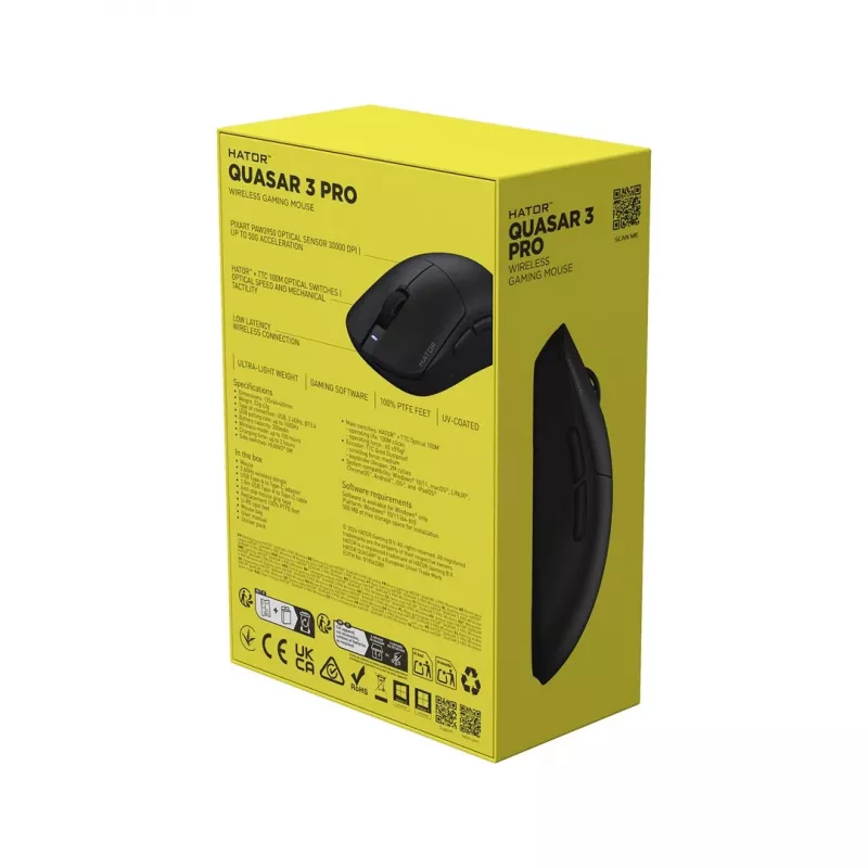 Hator Quasar 3 Pro Kabellose Gaming-Maus - 26000 DPI Optischer Sensor, 2,4GHz, USB-C, RGB, Schwarz