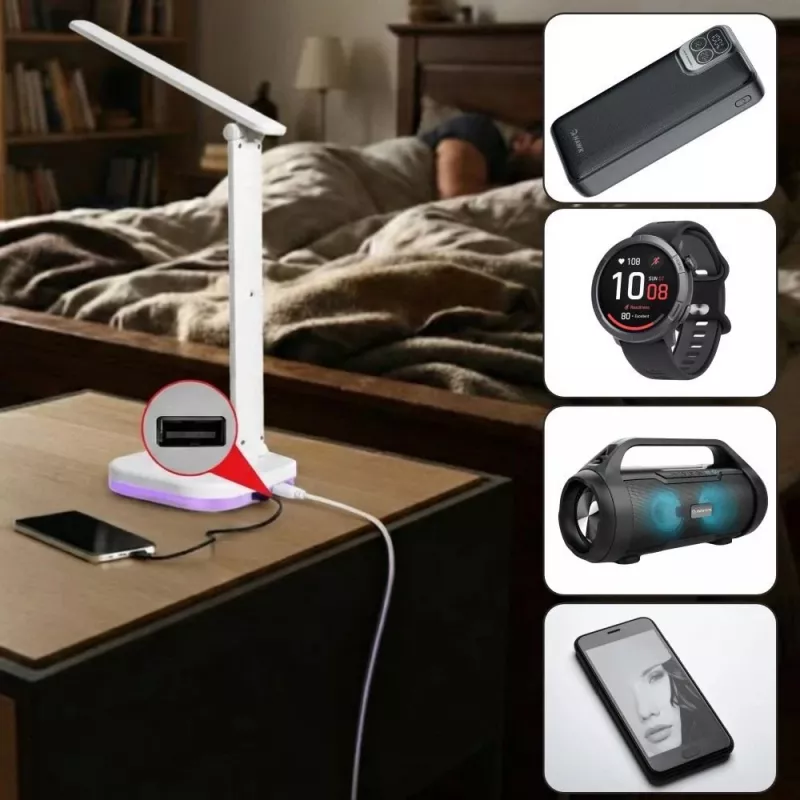 Hawk HWDL001WH LED-Schreibtischlampe Weiß, 7W Touch-Dimmer, 3 Farbtemperaturen, USB-Ladeanschluss