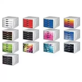 helit Chameleon 4-Schubladen Schreibtisch-Organizer aus bruchfestem Polypropylen, weißes Gehäuse mit transluzenten Schubladen, A4/C4/Folio-Format, stapelbar mit Auszugssperre und Beschriftungsfeldern H6129569