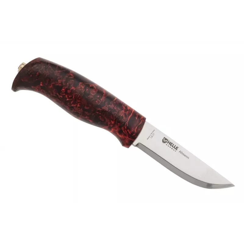 Helle Allmenn Feststehendes Messer mit Maserbirkenholzgriff und Lederscheide