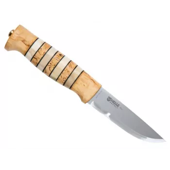 Helle Arv Feststehendes Messer mit Maserbirkengriff und Lederscheide