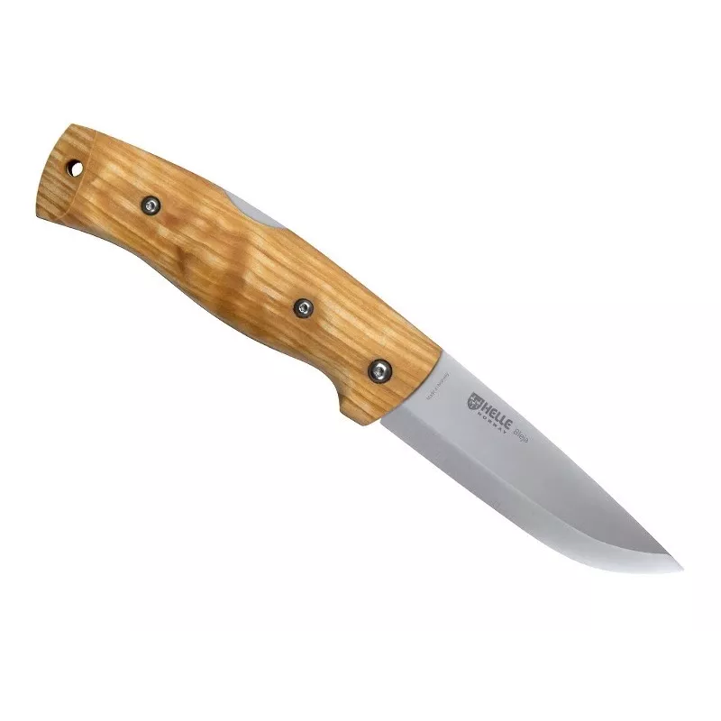 Helle Bleja Feststehendes Messer mit Maserbirkenholzgriff und Lederscheide