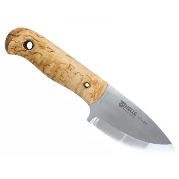 Helle Mandra Feststehendes Messer mit Maserbirkengriff und Lederscheide für den Hals