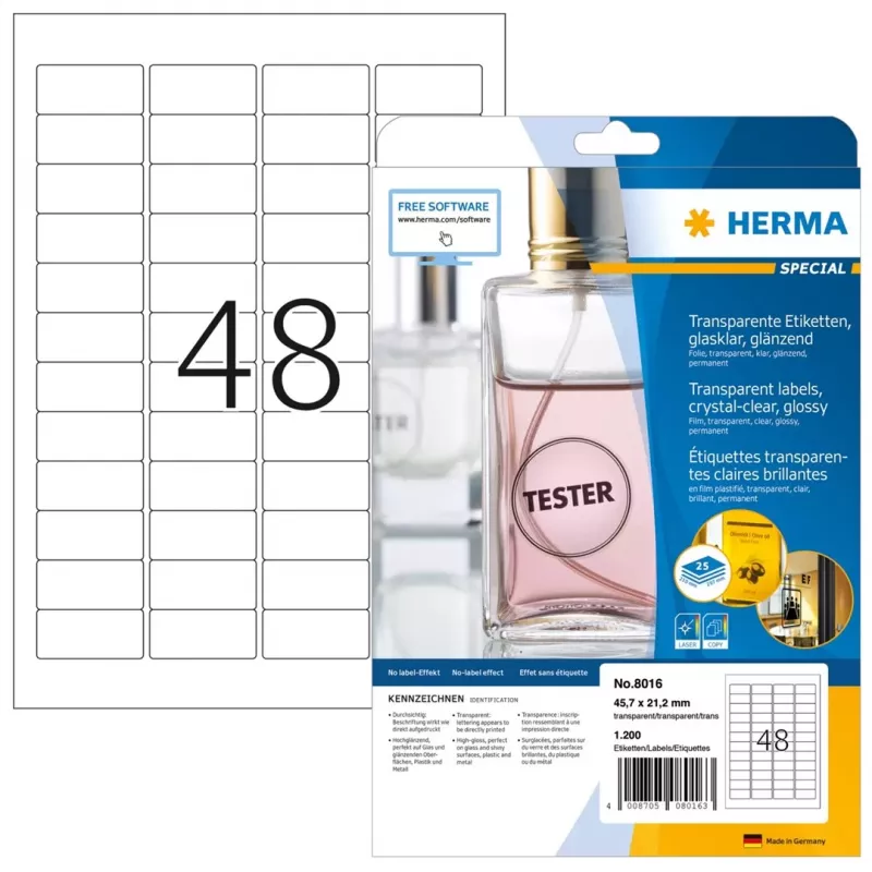 HERMA 8016 Kristallklare glänzende Polyesteretiketten A4 45,7 x 21,2 mm 1200 Etiketten