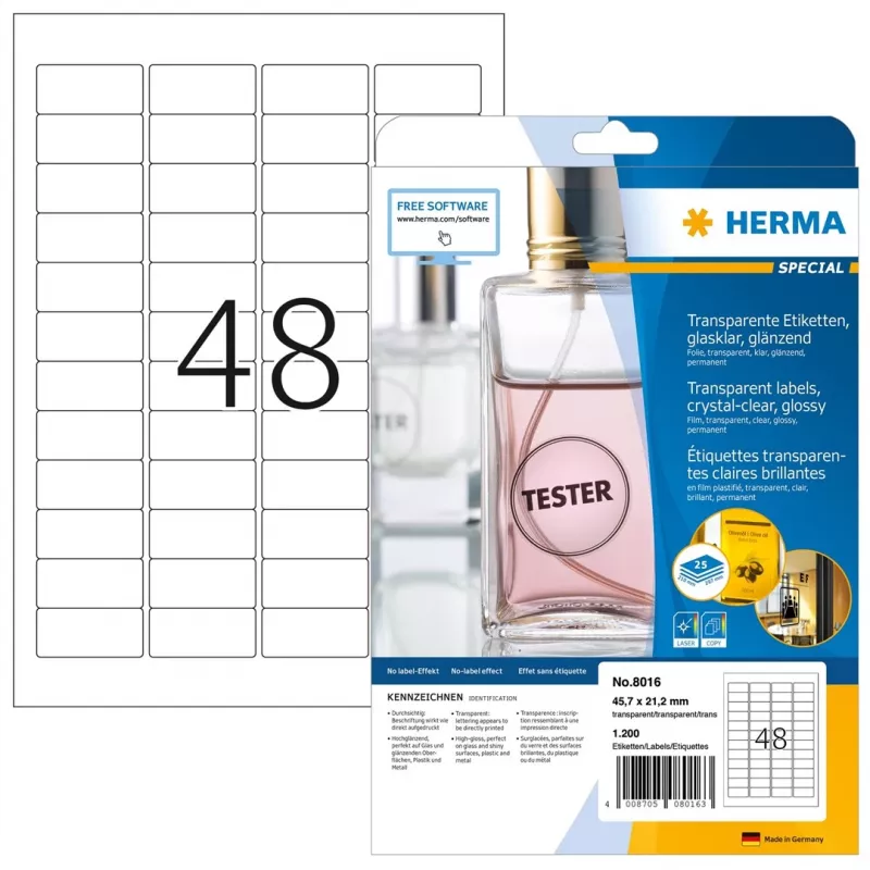 HERMA 8016 Kristallklare glänzende Polyesteretiketten A4 45,7 x 21,2 mm 1200 Etiketten