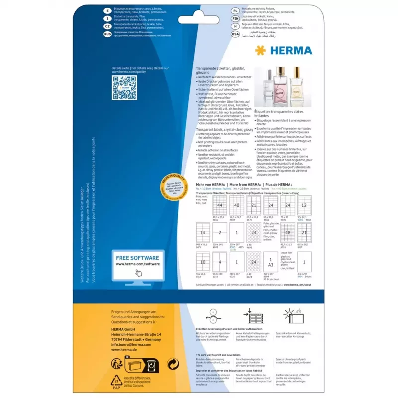 HERMA 8016 Kristallklare glänzende Polyesteretiketten A4 45,7 x 21,2 mm 1200 Etiketten