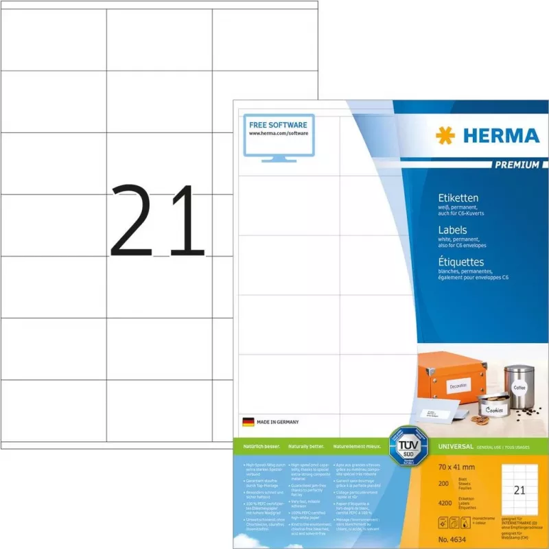 HERMA Premium 4634 Permanent Selbstklebende Matt Laminierte Papieretiketten, Weiß, 70 x 41 mm, 4200 Etiketten (200 Blatt x 21)