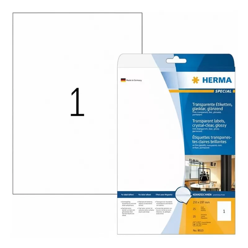 HERMA Spezial Hochglanz Transparent A4 Selbstklebende Polyesterfolien-Etiketten, 25 Blatt