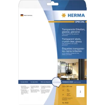 HERMA Spezial Hochglanz Transparent A4 Selbstklebende Polyesterfolien-Etiketten, 25 Blatt