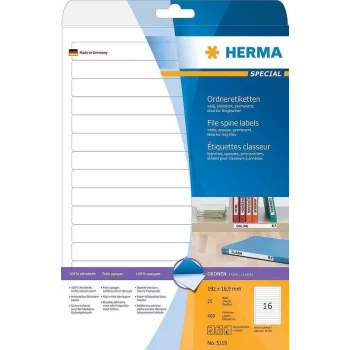 HERMA Special Permanent Selbstklebende Matte Opake Aktenetiketten, Papier, Weiß, 192 x 16,9 mm, 400 Etiketten (25 Blatt x 16) (5118)