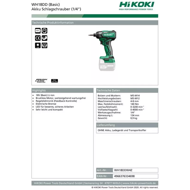 HIKOKI WH18DD 18V Akku-Schlagschrauber, 0-3200 U/min, 0-400 IPM