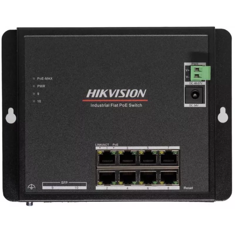 Hikvision DS-3T1510P-SI-FLT(O-STD) 10-Port Industrial Smart Managed PoE+ Switch mit 8 Gigabit PoE+ Ports und 2 SFP, 120W Budget, DIN-Schiene, ohne Netzteil