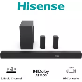 Hisense AX5100Q 5.1.2-Kanal 510W Dolby Atmos Soundbar mit kabellosem Subwoofer und Rücklautsprechern 20015174